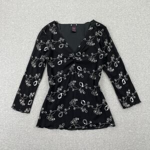 Vintage y2k Wrapper Floral Embroidered Top Women XS Black Sequin Mesh Whimsigoth
